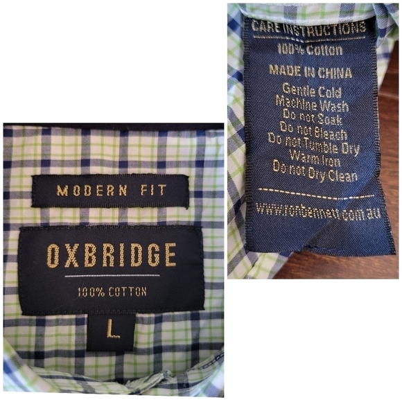 Oxbridge by Ron Bennett Modern Fit Green & Navy Plaid Button Front Shirt Size L - Picture 4 of 7